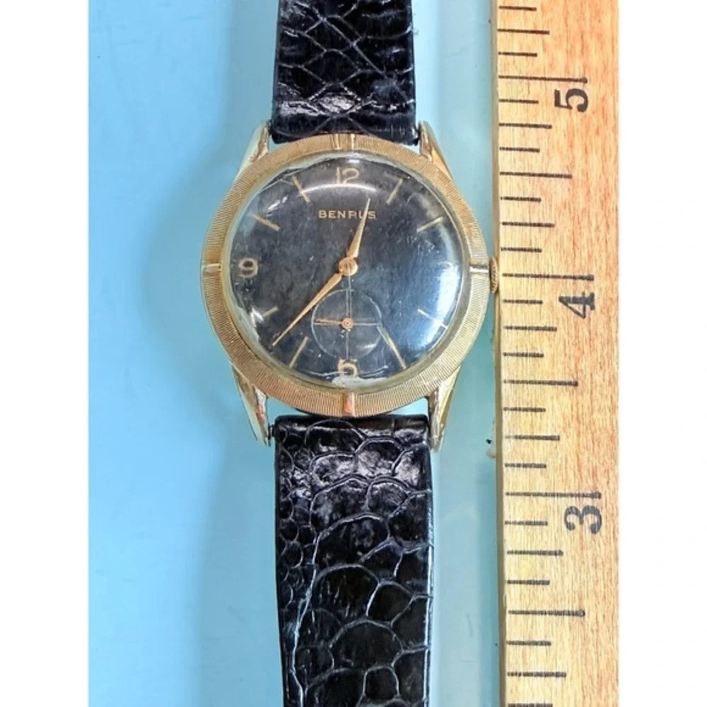 Vintage Benrus 17 Jewel Mechanical Watch 10K RGP Bezel‎ Black Dial Running